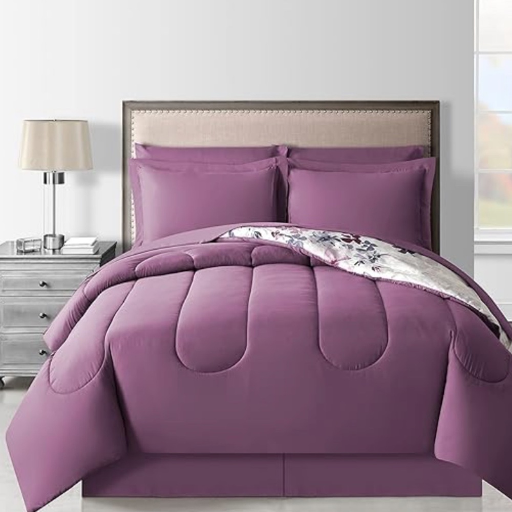 Lanwood Monica 8-Piece Bed-in-A-Bag Set, California King, White/Lilac Floral - Picture 2 of 7